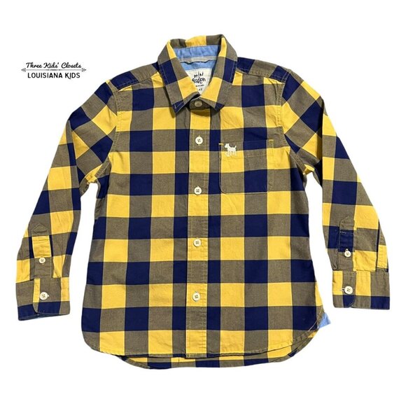 Mini Boden 3-4Y Navy & Yellow Plaid Button Down Shirt - Picture 1 of 4